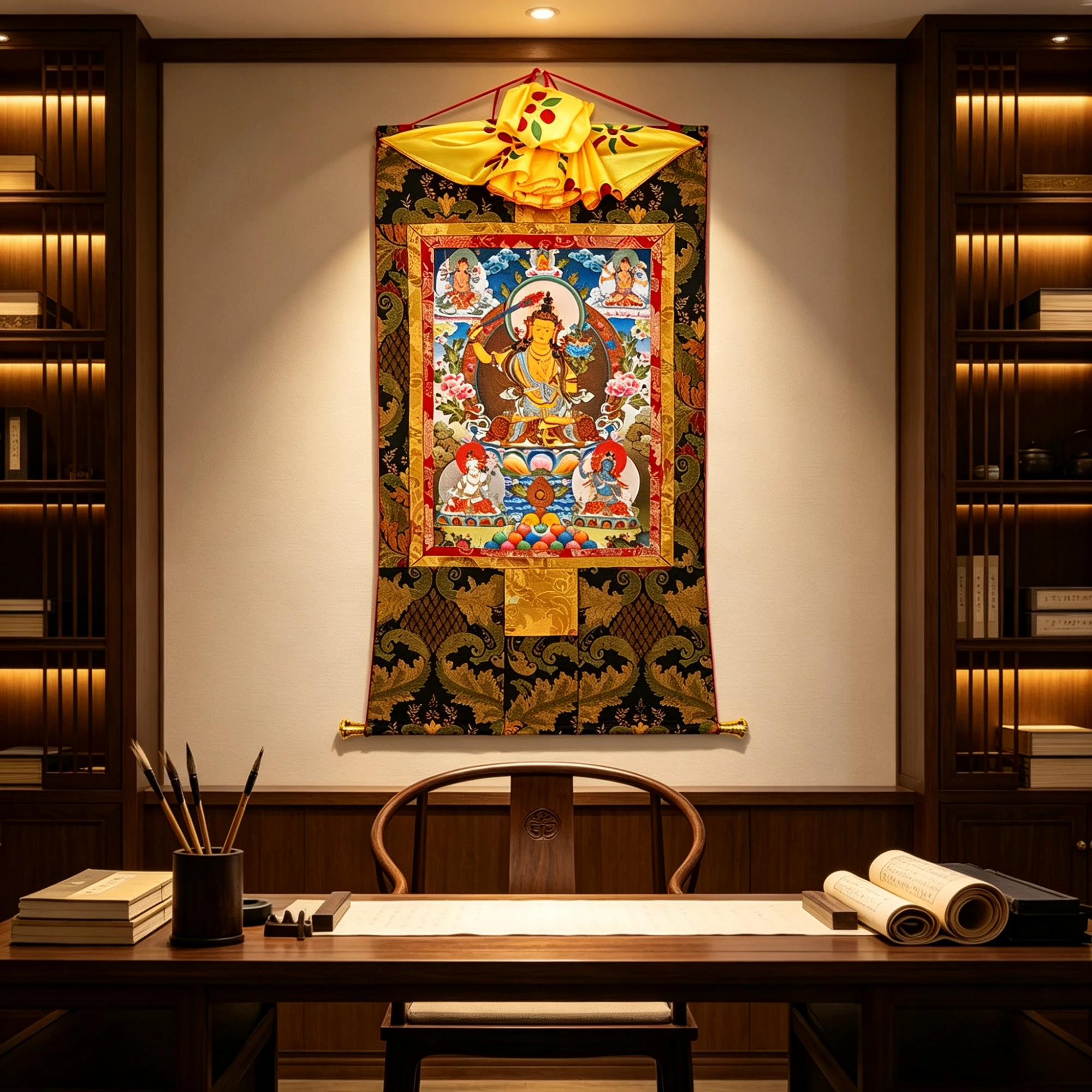 Tibetan Buddhist Manjushri Thangka Painting – Museum-Quality Bodhisattva of Wisdom Scroll Art for Clarity & Executive Luxury Decor