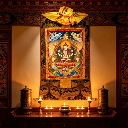 Tibetan Buddhist Chenrezig Thangka Painting – Museum-Quality Avalokiteshvara Scroll Art for Meditation & Zen Luxury Decor