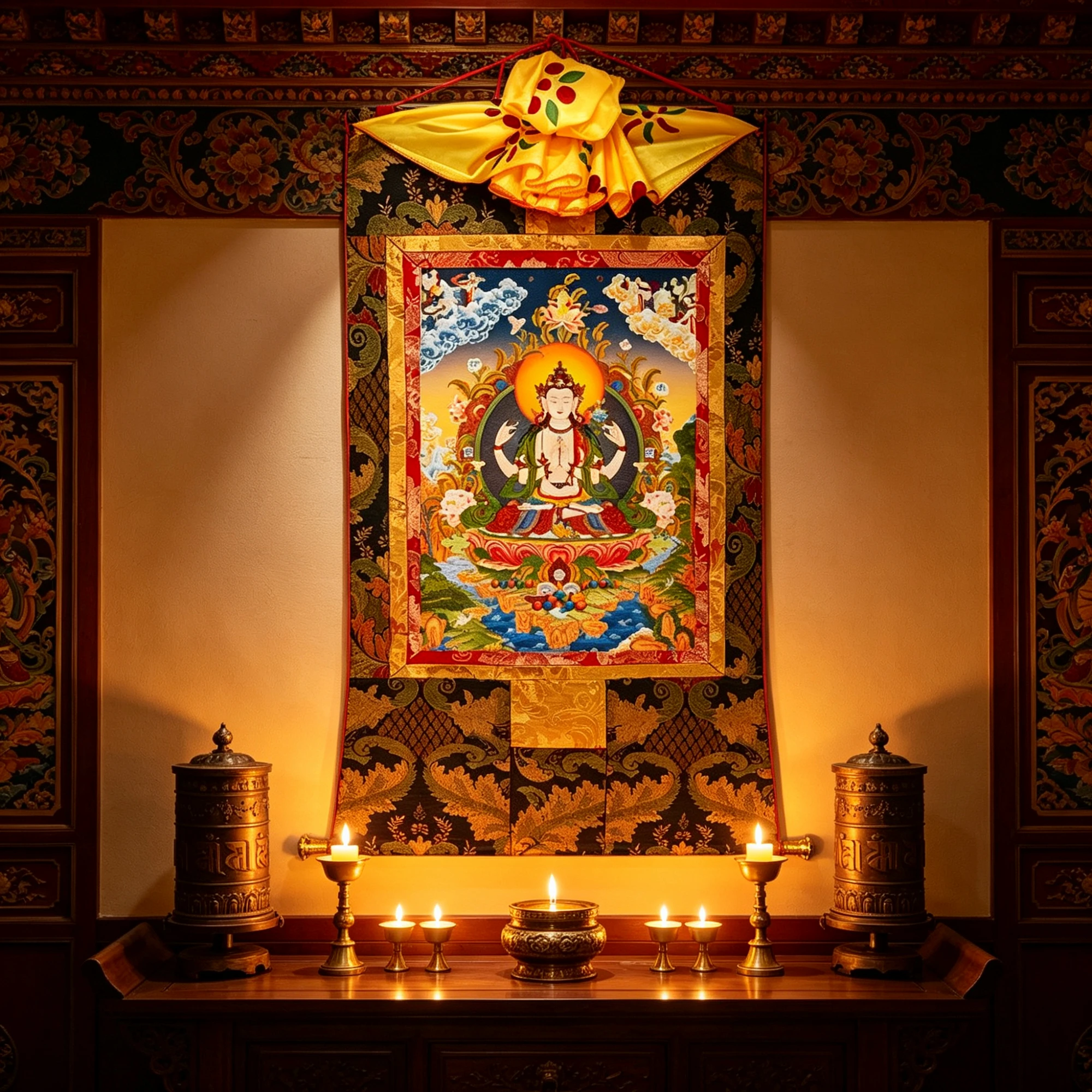 Tibetan Buddhist Chenrezig Thangka Painting – Museum-Quality Avalokiteshvara Scroll Art for Meditation & Zen Luxury Decor