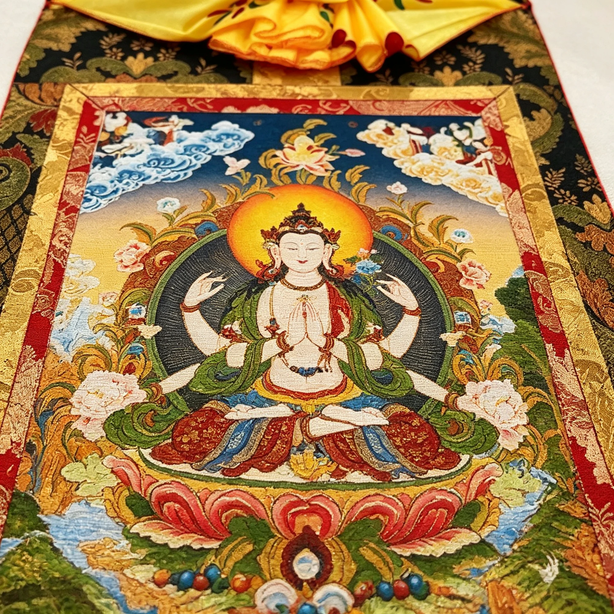 Tibetan Buddhist Chenrezig Thangka Painting – Museum-Quality Avalokiteshvara Scroll Art for Meditation & Zen Luxury Decor - Image 2