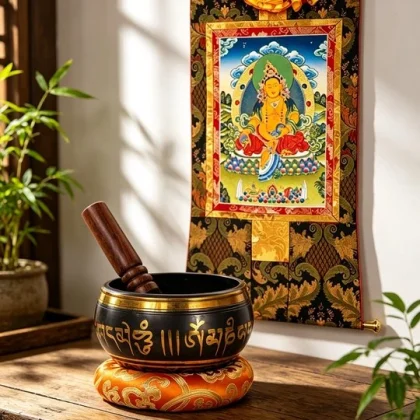 Yellow Jambhala Thangka & Singing Bowl Gift Set – Two Rituals, One Gift