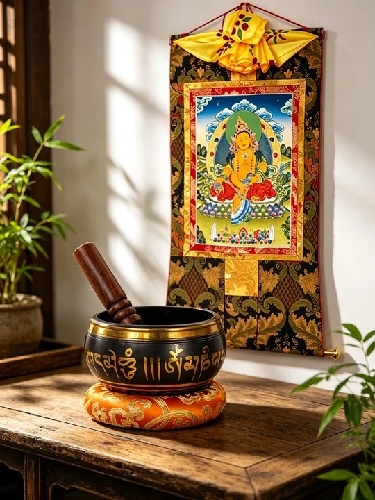 Yellow Jambhala Thangka & Singing Bowl Gift Set – Two Rituals, One Gift