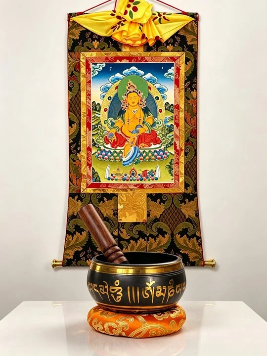 Yellow Jambhala Thangka & Singing Bowl Gift Set – Two Rituals, One Gift - Image 2
