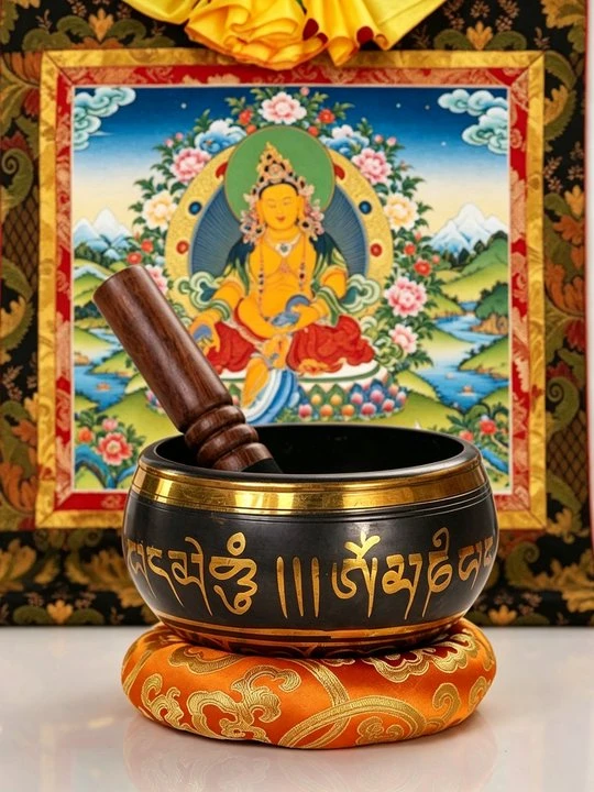 Yellow Jambhala Thangka & Singing Bowl Gift Set – Two Rituals, One Gift - Image 3