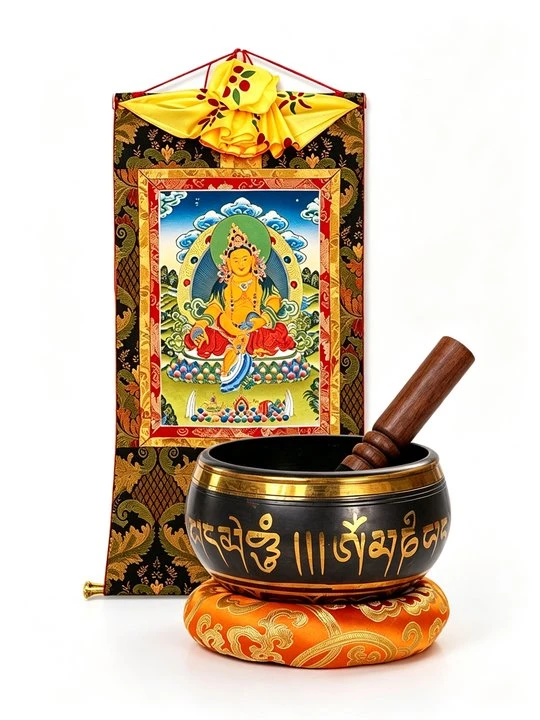 Yellow Jambhala Thangka & Singing Bowl Gift Set – Two Rituals, One Gift - Image 4