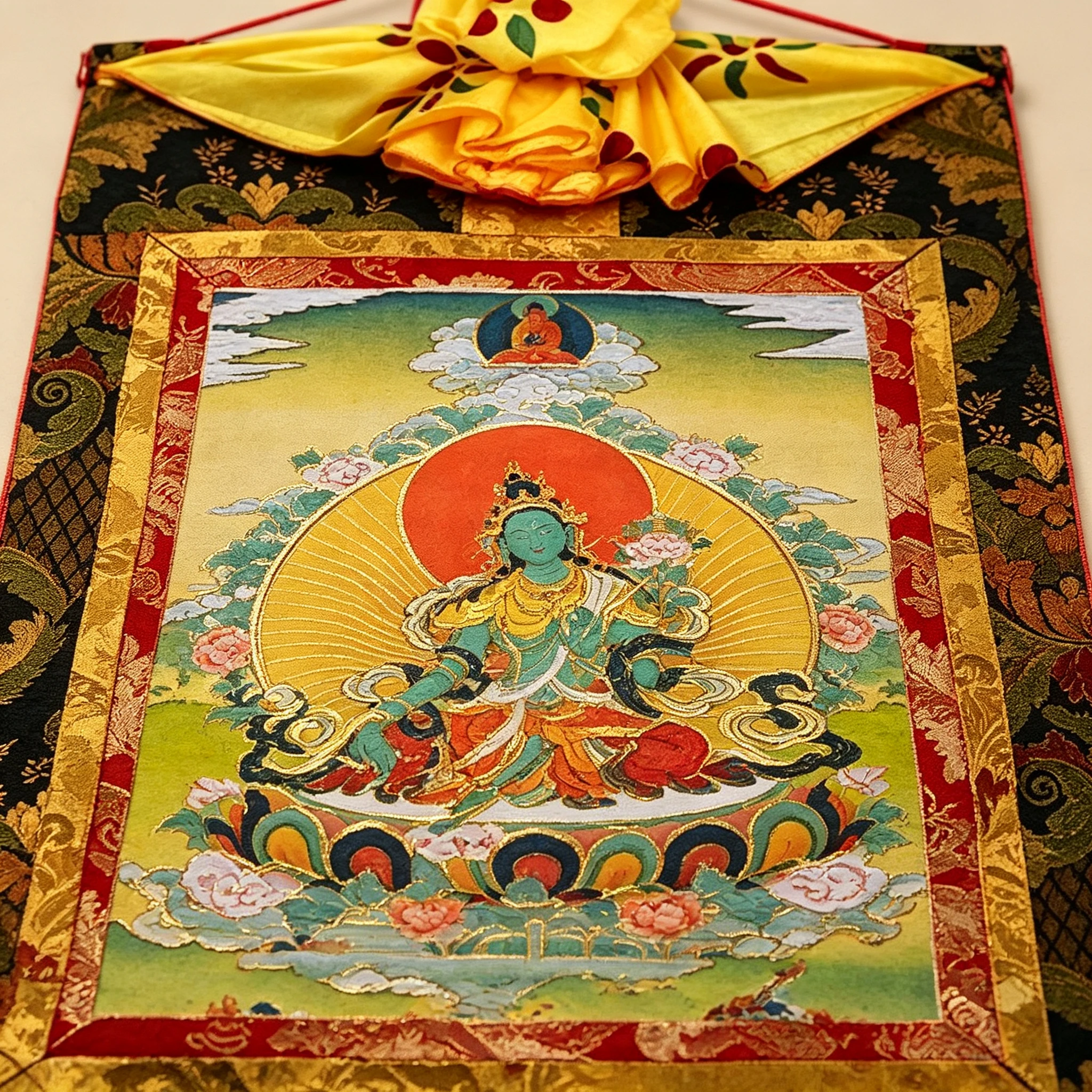 Tibetan Buddhist Green Tara Thangka Painting – Museum-Quality Protection Scroll Art for Meditation & Zen Luxury Decor - Image 2