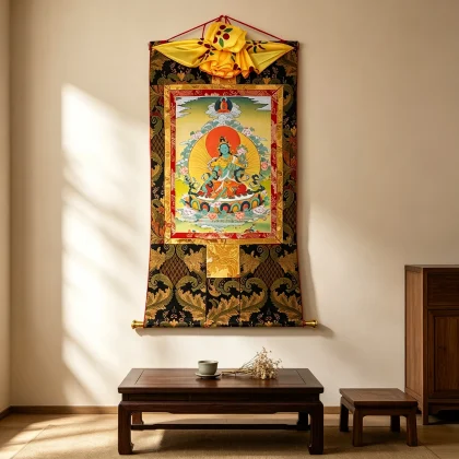 Tibetan Buddhist Green Tara Thangka Painting – Museum-Quality Protection Scroll Art for Meditation & Zen Luxury Decor