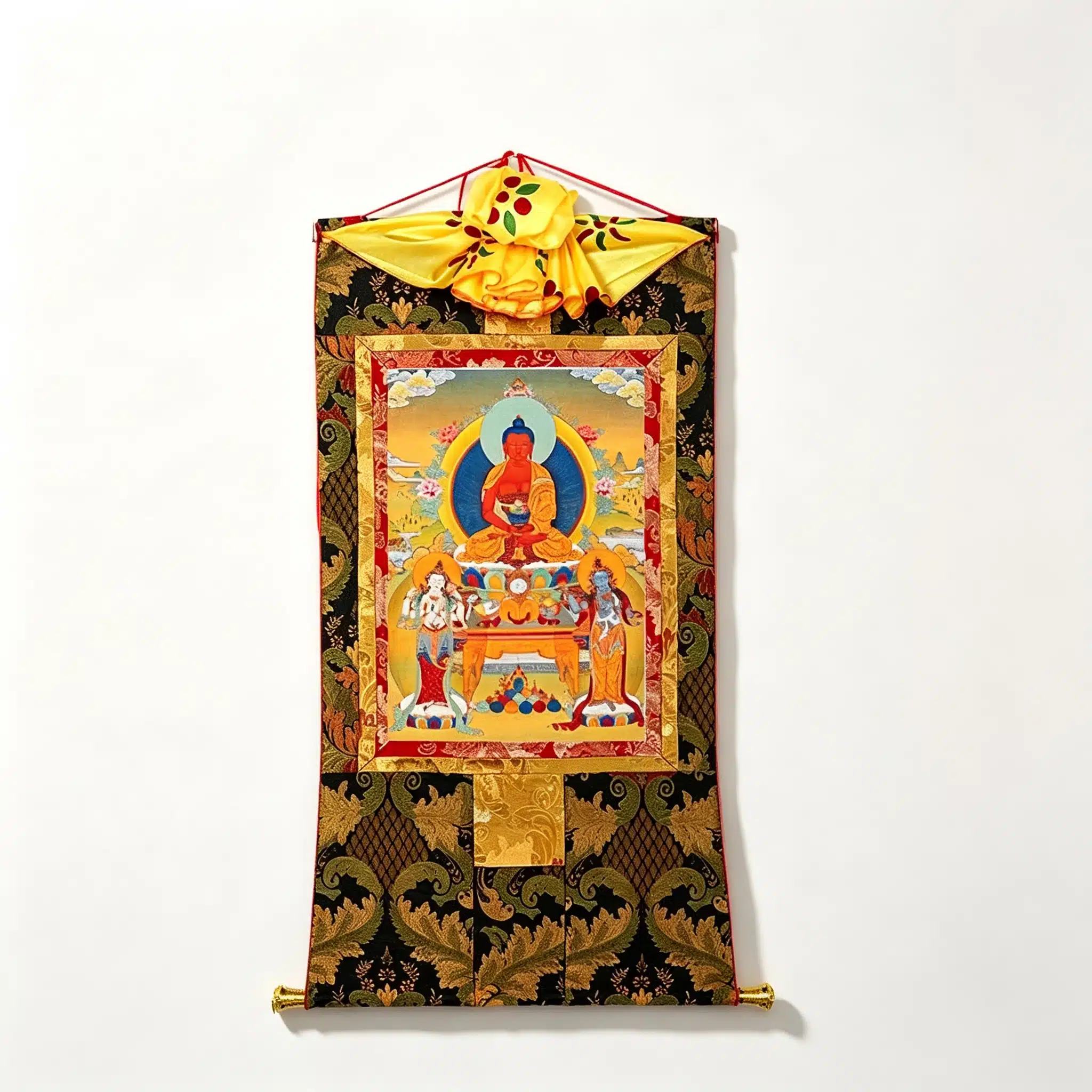 Sacred Three Holy Sages Thangka Painting – Museum-Quality Amitabha Buddha & Bodhisattvas Scroll Art for Zen Luxury Decor