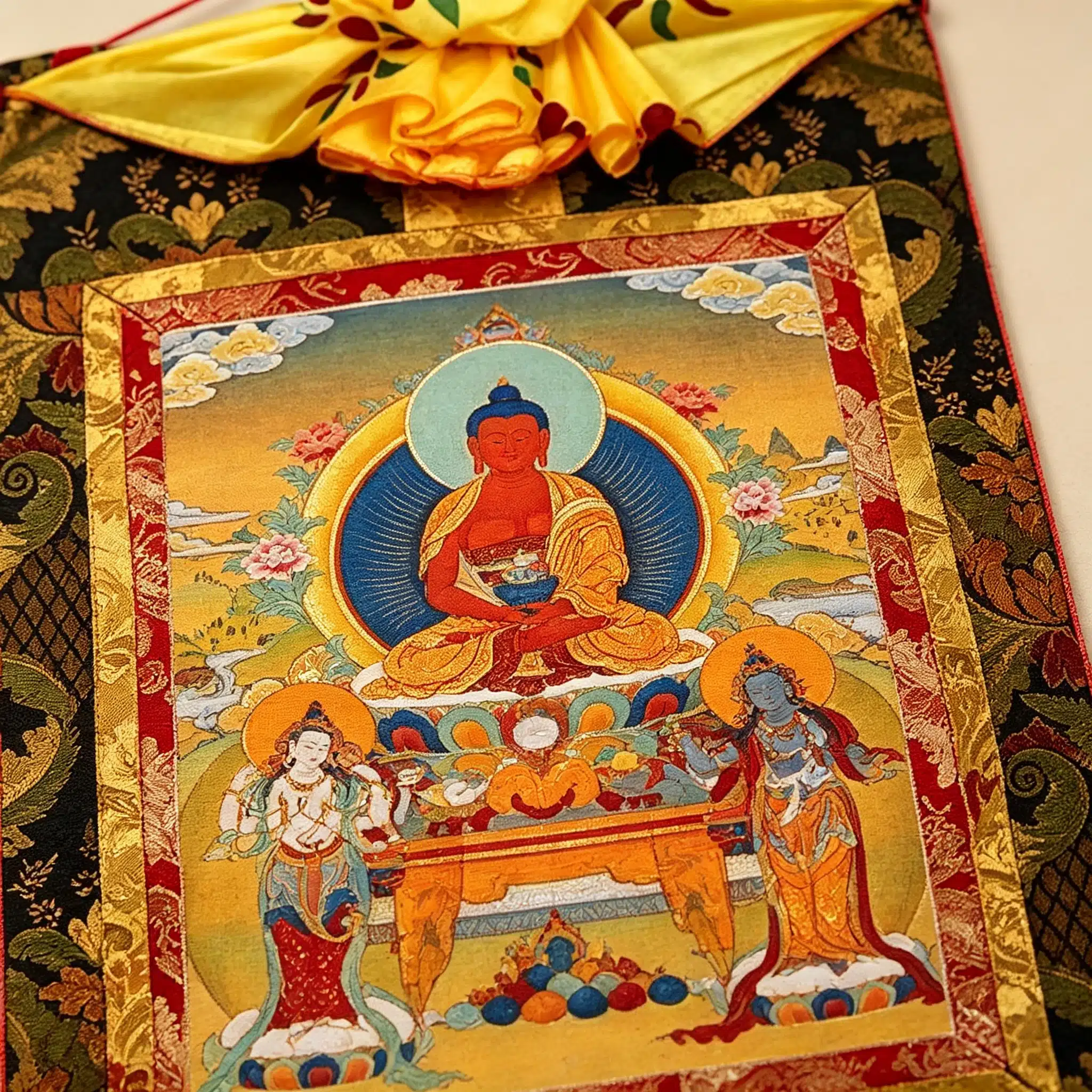 Sacred Three Holy Sages Thangka Painting – Museum-Quality Amitabha Buddha & Bodhisattvas Scroll Art for Zen Luxury Decor - Image 2