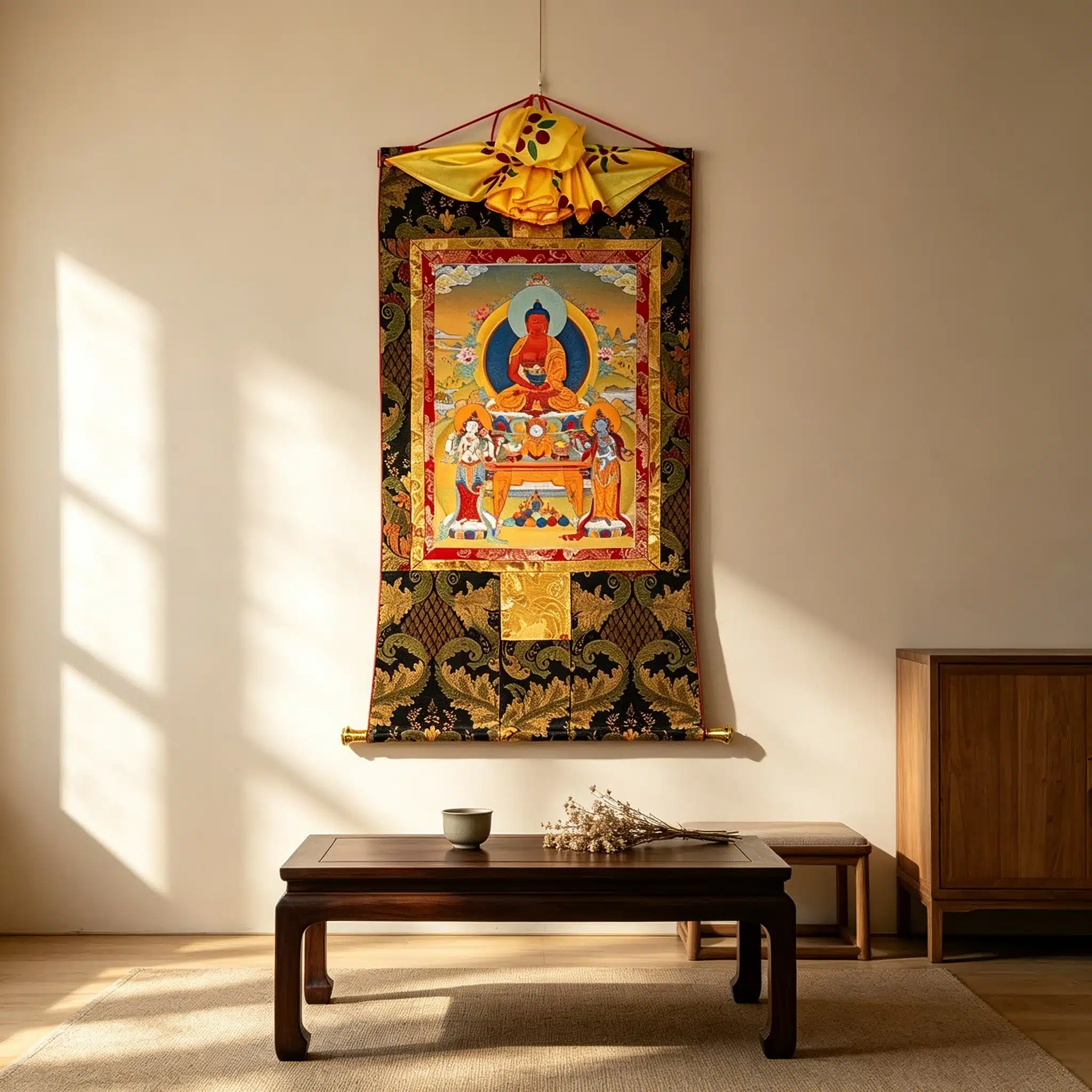 Sacred Three Holy Sages Thangka Painting – Museum-Quality Amitabha Buddha & Bodhisattvas Scroll Art for Zen Luxury Decor - Image 3