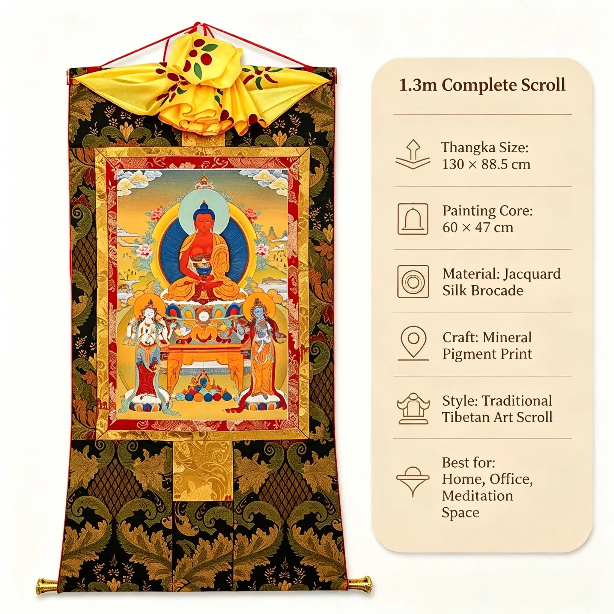 Sacred Three Holy Sages Thangka Painting – Museum-Quality Amitabha Buddha & Bodhisattvas Scroll Art for Zen Luxury Decor - Image 4